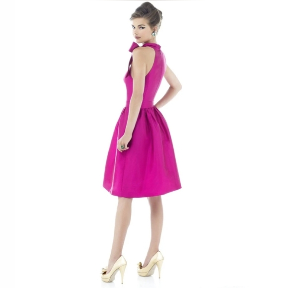 Alfred Sung Shirred Skirt Cocktail Mini Dress In Fushsia Pink Shimmer Size 8 - Picture 2 of 11